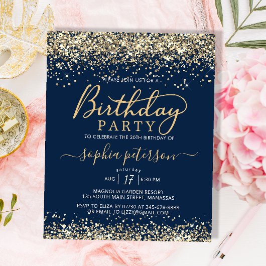 Budget Gold Glitzer Navy Blue Geburtstag Einladung