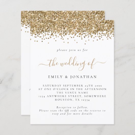 Budget Gold Glitzer QR Code Einladung Hochzeitsfei (Vorne/Hinten)
