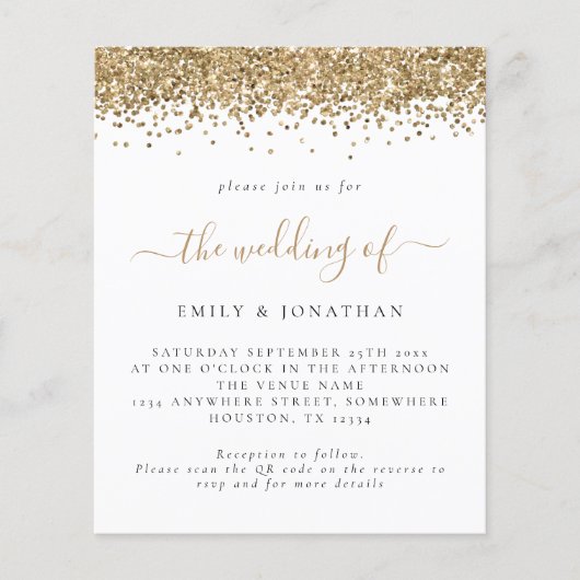 Budget Gold Glitzer QR Code Einladung Hochzeitsfei (Vorderseite)