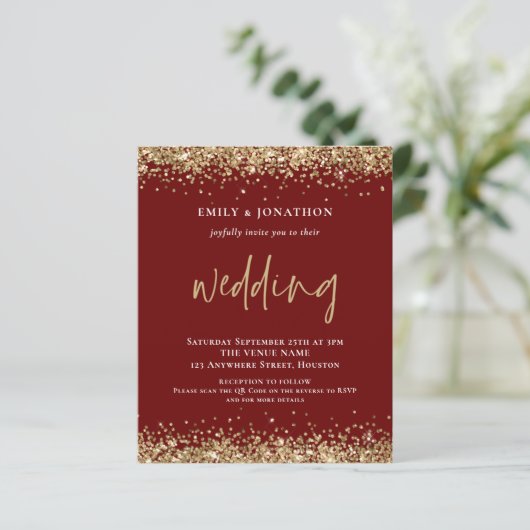 Budget Gold Glitzer QR Code Wedding Burgundy (Stehend Vorderseite)