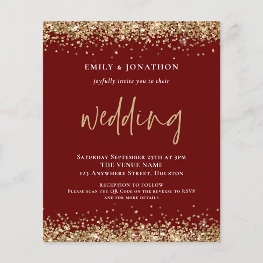 Budget Gold Glitzer QR Code Wedding Burgundy (Vorderseite)