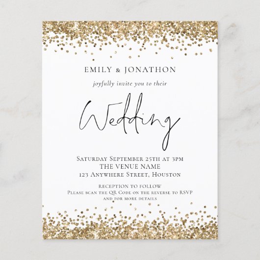 Budget Gold Glitzer QR Code Wedding Einladung (Vorderseite)