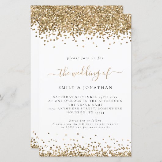 Budget Gold Glitzer QR Code Wedding Einladung (Vorne/Hinten)