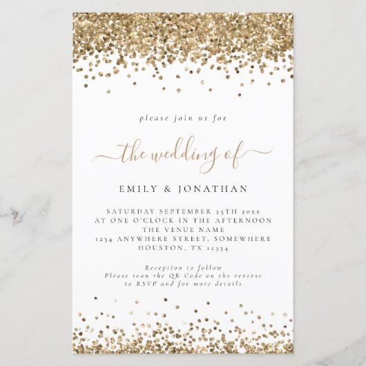 Budget Gold Glitzer QR Code Wedding Einladung (Vorderseite)