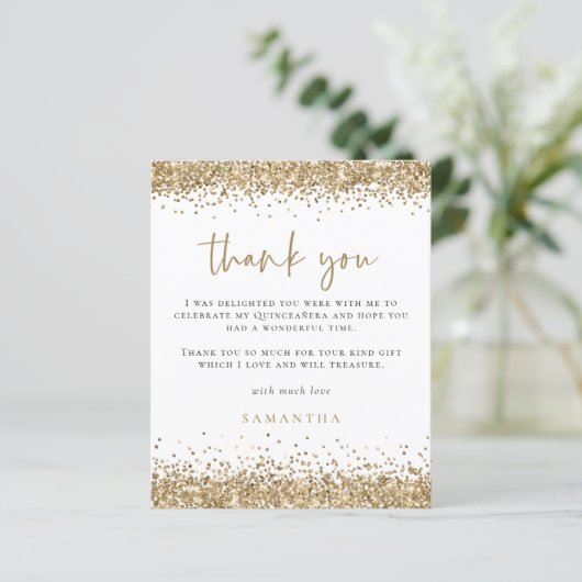 Budget Gold Glitzer Quinceañera Party Vielen Dank (Stehend Vorderseite)