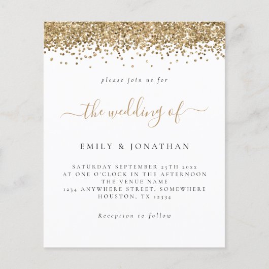 Budget Gold Glitzer Script Einladung (Vorderseite)