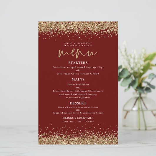 Budget Gold Glitzer Script Wedding Burgundy Menü (Stehend Vorderseite)