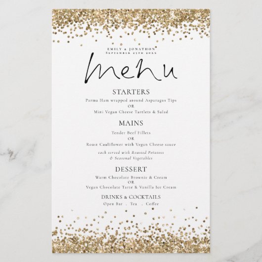 Budget Gold Glitzer Script Wedding Menu (Vorderseite)