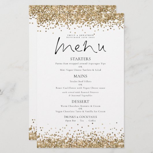 Budget Gold Glitzer Script Wedding Menu (Vorne/Hinten)