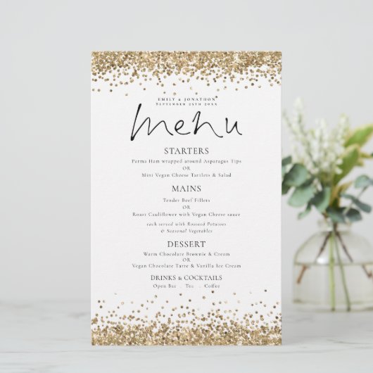 Budget Gold Glitzer Script Wedding Menu (Stehend Vorderseite)