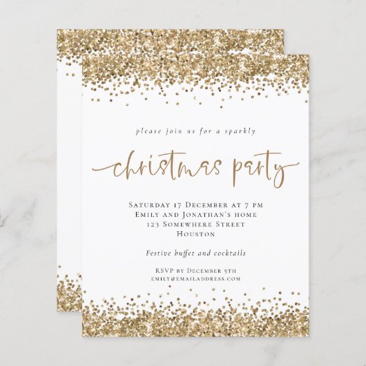 Budget Gold Glitzer Script Weihnachts-Party Einlad (Vorne/Hinten)