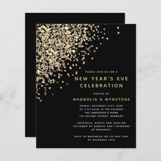 BUDGET Gold Glitzer Silvester Einladung (Vorne/Hinten)