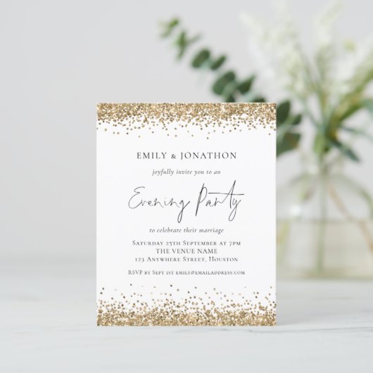 BUDGET Gold Glitzer Wedding Abend Einladung (Stehend Vorderseite)