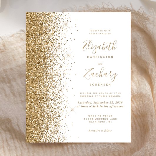 Budget Gold Glitzer White Wedding Einladung