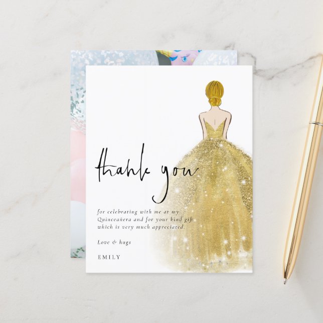 Budget Gold Gown Foto Blonde Quinceañera Dank (Vorderseite/Rückseite Beispiel)