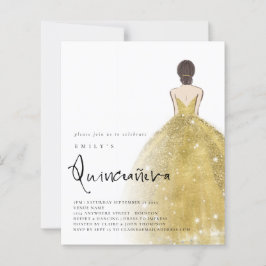Budget Gold Gown Girl Brünett Hair QR Quinceañera