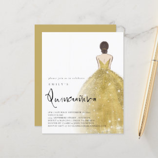 Budget Gold Gown Girl Brünett Hair QR Quinceañera