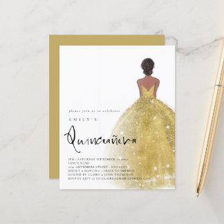 Budget Gold Gown Girl Dark Hair QR Quinceañera