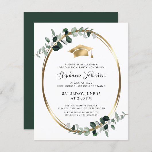 Budget Gold Grad Cap Eukalyptus Party Einladung (Vorne/Hinten)