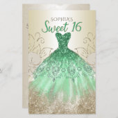 Budget Gold Grünes Kleid Sweet 16 Einladung (Vorne/Hinten)