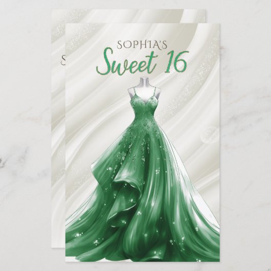 Budget Gold Grünes Kleid Sweet 16 Einladung (Vorne/Hinten)