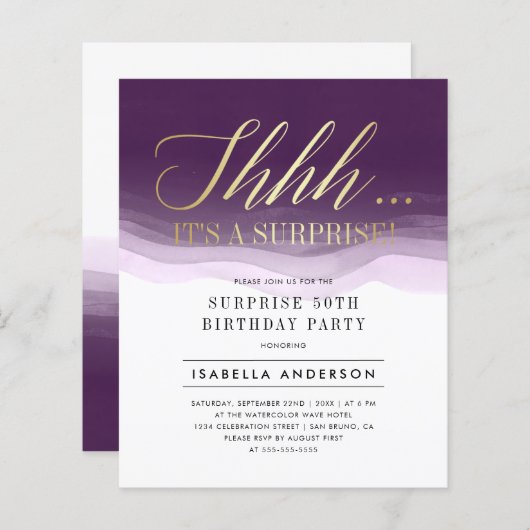 Budget Gold & Lila Aquarellfarben Überraschung Geb (Vorne/Hinten)