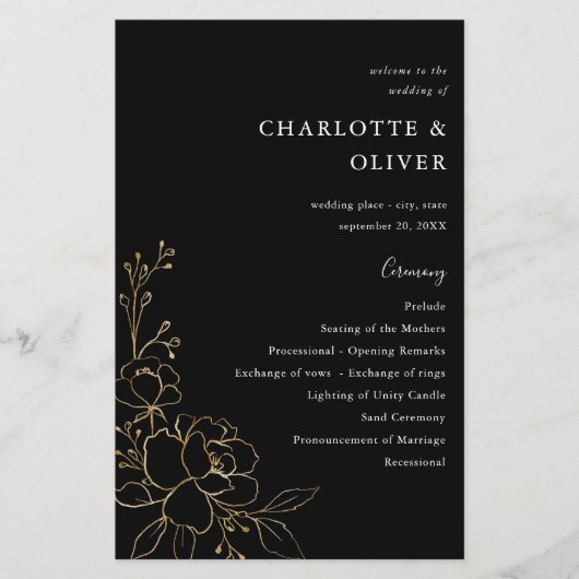 Budget Gold Lined Floral Wedding Program MEDIUM BL (Vorderseite)