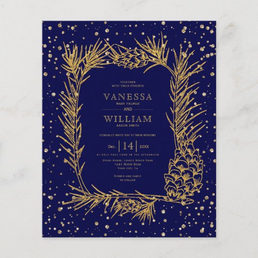 BUDGET Gold Pine Blue Hochzeit Einladung (Vorderseite)