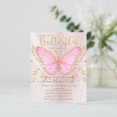 Budget Gold Pink Butterfly Baby Dusche Einladung (Stehend Vorderseite)