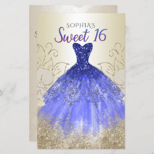 Budget Gold Royal Blue Dress Sweet 16 Einladung