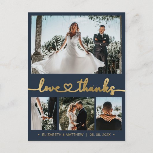 Budget Gold Script 4 Foto Hochzeit Vielen Dank Postkarte (Vorderseite)