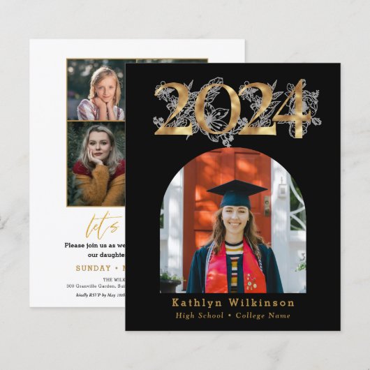 BUDGET Gold Script 5 Foto Abschluss Einladung (Vorne/Hinten)