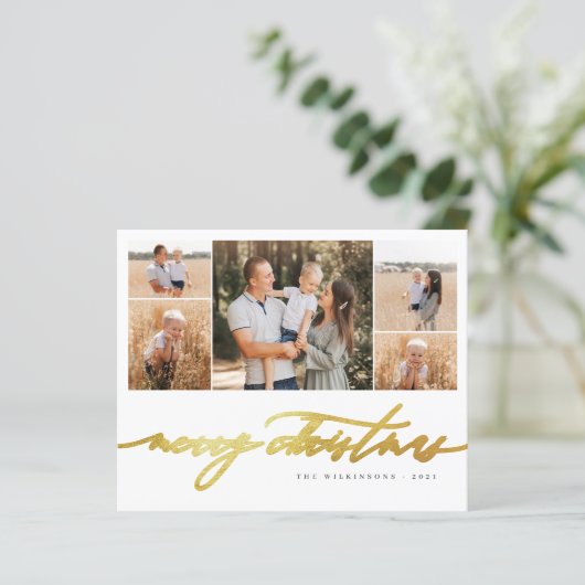 Budget Gold Script 5 Foto Collage Frohe Weihnachte (Stehend Vorderseite)