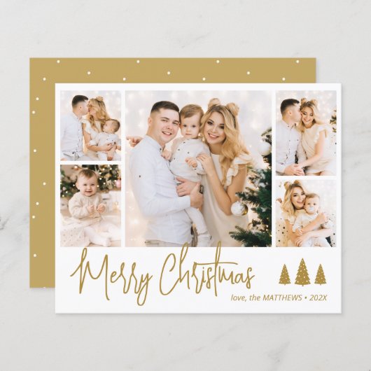 Budget Gold Script 5 Foto Collage Weihnachtskarte (Vorne/Hinten)