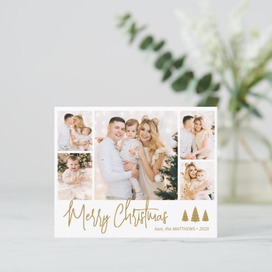 Budget Gold Script 5 Foto Collage Weihnachtskarte (Stehend Vorderseite)