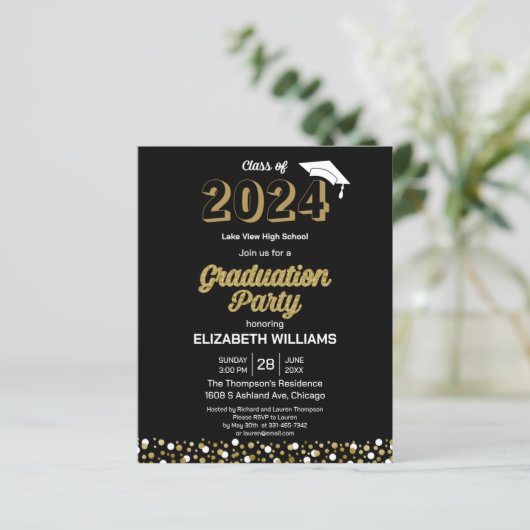 Budget Gold Script Confetti Grad Party Einladung (Stehend Vorderseite)