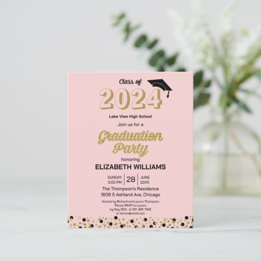 Budget Gold Script Confetti Grad Party Einladung (Stehend Vorderseite)