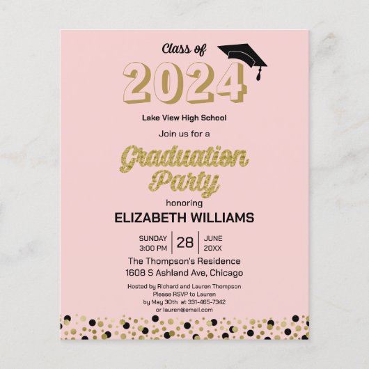 Budget Gold Script Confetti Grad Party Einladung (Vorderseite)