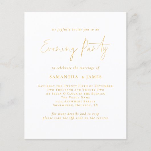 Budget Gold Script QR Abend Party Hochzeit Einladu (Vorderseite)