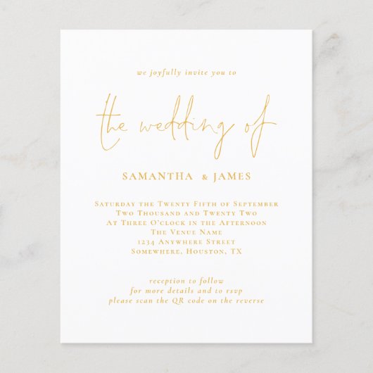 Budget Gold Script QR Code Einladung Hochzeitsfeie (Vorderseite)