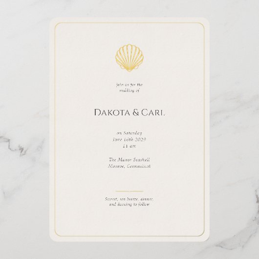 Budget Gold Seashell All-in-One Wedding invitation Folieneinladung (Vorderseite)