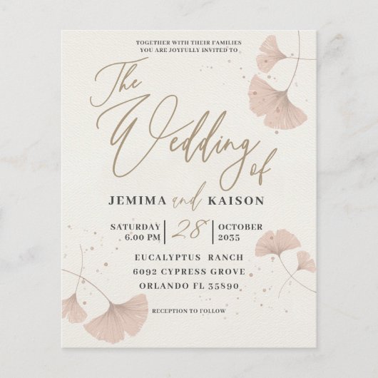 Budget Gold & Terracotta Ginkgo Hochzeitseinladung (Vorderseite)