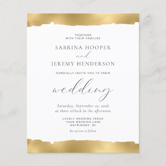 Budget Gold Torn Edge White Wedding Einladung (Vorderseite)