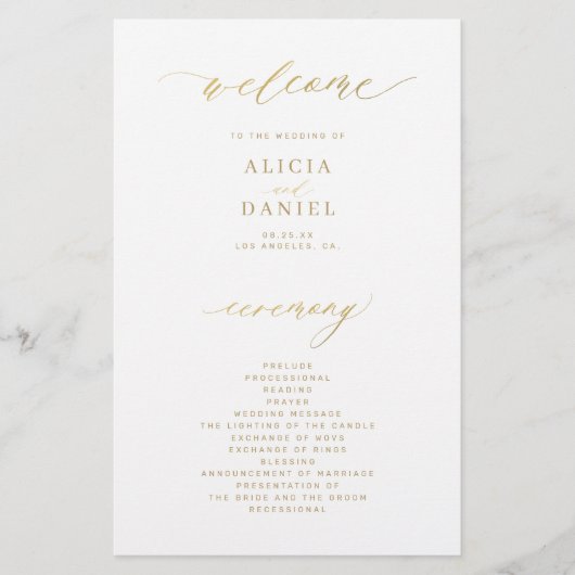 Budget Gold Typografie einfache Hochzeitsprogramm (Vorne)