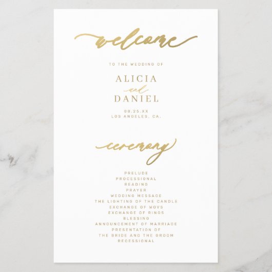 Budget Gold Typografie einfache Hochzeitsprogramm (Vorne)