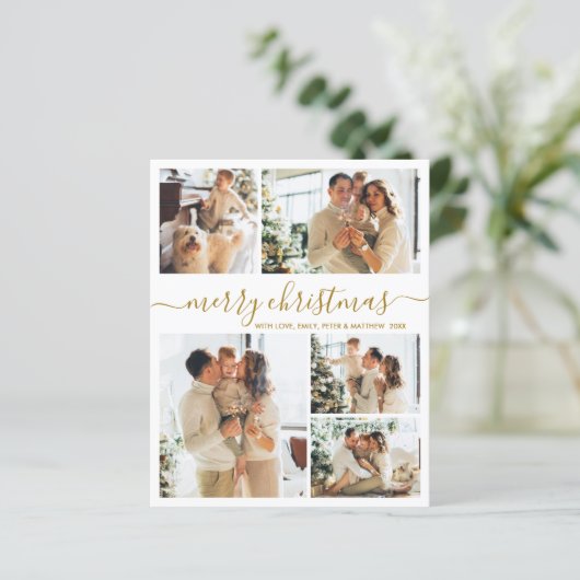 Budget Gold white 5 Photo Collage Christmas Card (Stehend Vorderseite)
