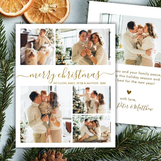 Budget Gold white 5 Photo Collage Christmas Card