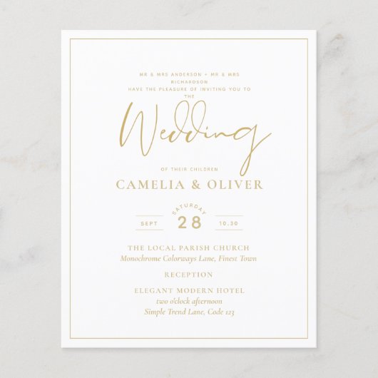 Budget Gold White Elegante Hochzeitseinladung Flyer (Vorne)