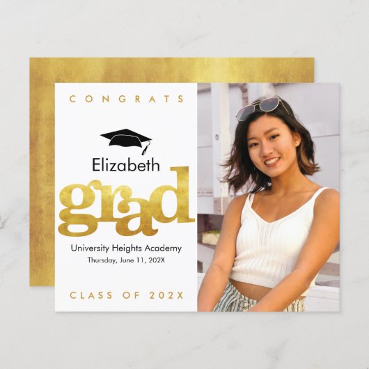 Budget Gold White Foto Cap Abschluss Einladung (Vorne/Hinten)