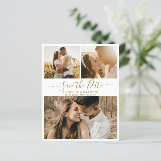 Budget Gold White Script Collage Save the Date (Stehend Vorderseite)